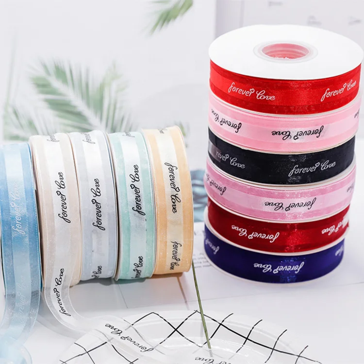 
Factory wholesale custom logo 2.5cm gift packing chiffon organza edge satin ribbon for cake box packaging 