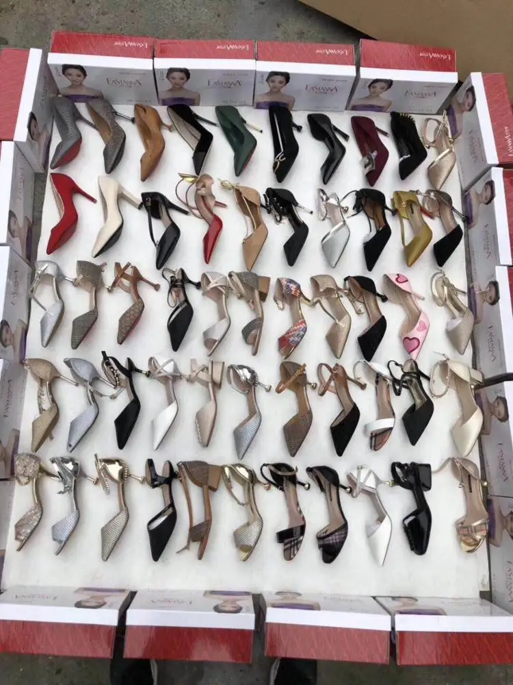 Stocklot liquidation hotsale ladies second hand discount sandals women sliver stiletto heel ankle strap sandals