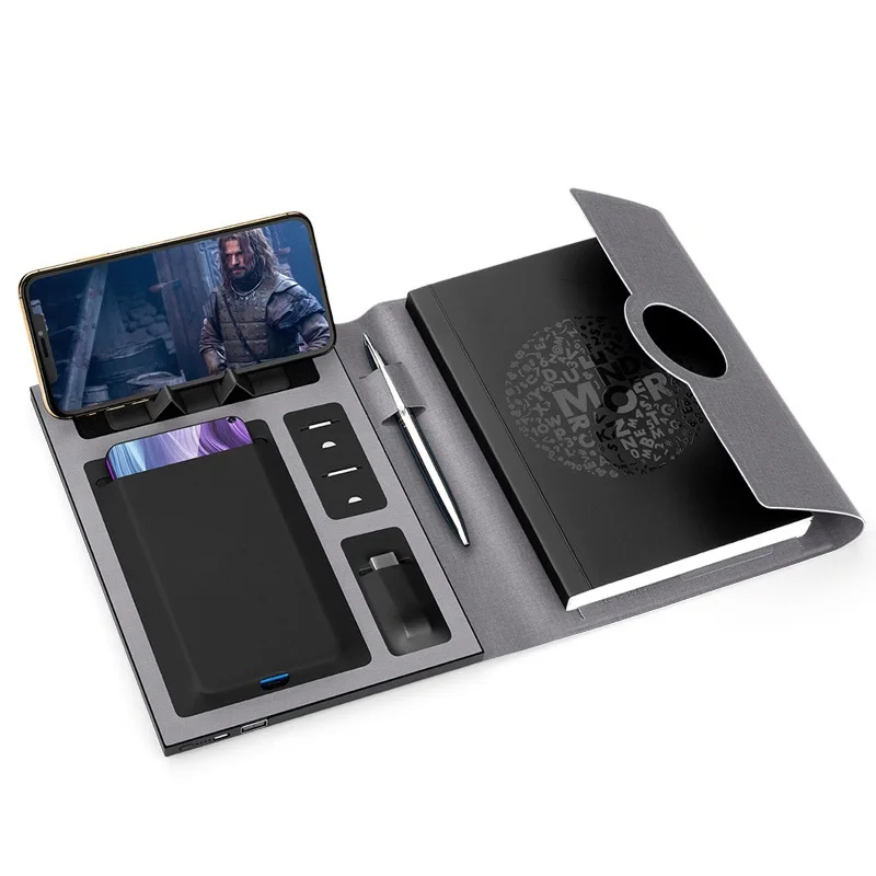 New Design Customized Custom LED Light Logo A5 Agenda  Journal 8000mAh Wireless Charger Power Bank Diary with USB Notebook