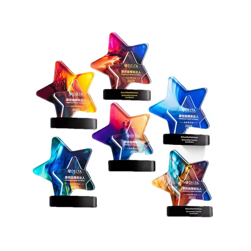New Sports Custom patterns Championship Trophy Creative Custom Star Color Printed Crystal Glass awards Trophy with crystal base