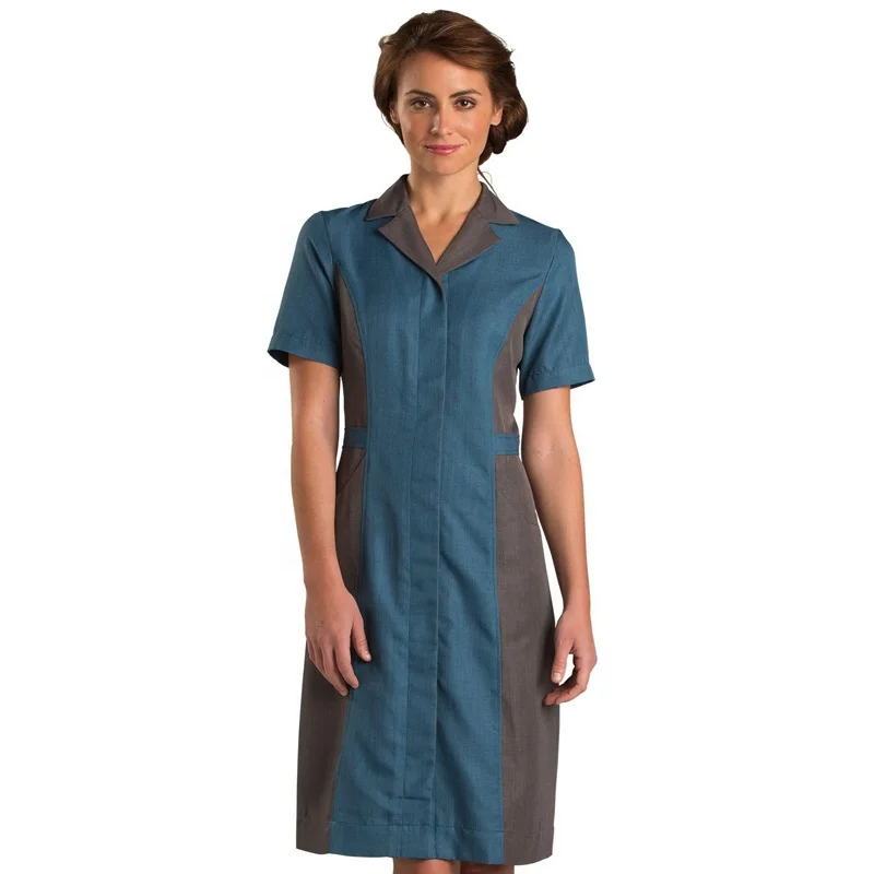Wholesale Bulk Custom Logo Hotel Restaurant Hospitality Housekeeping Maids Uniform Dress with Deep Pockets
