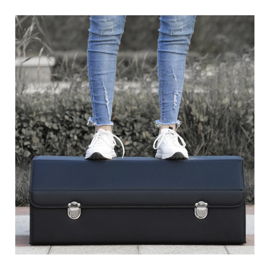 Luxury 2 Layers Leather Surface Adjustable Folding Suv Car Trunk Organizer Box With Metal Buckle