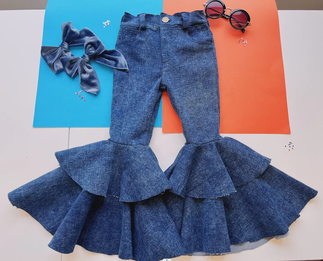 New Hot Sale Stylish Fall Winter Kids Denim Pumpkin Color Double Flared Bells Baby Girl Pumpkin Dual Ruffler Jeans Bells