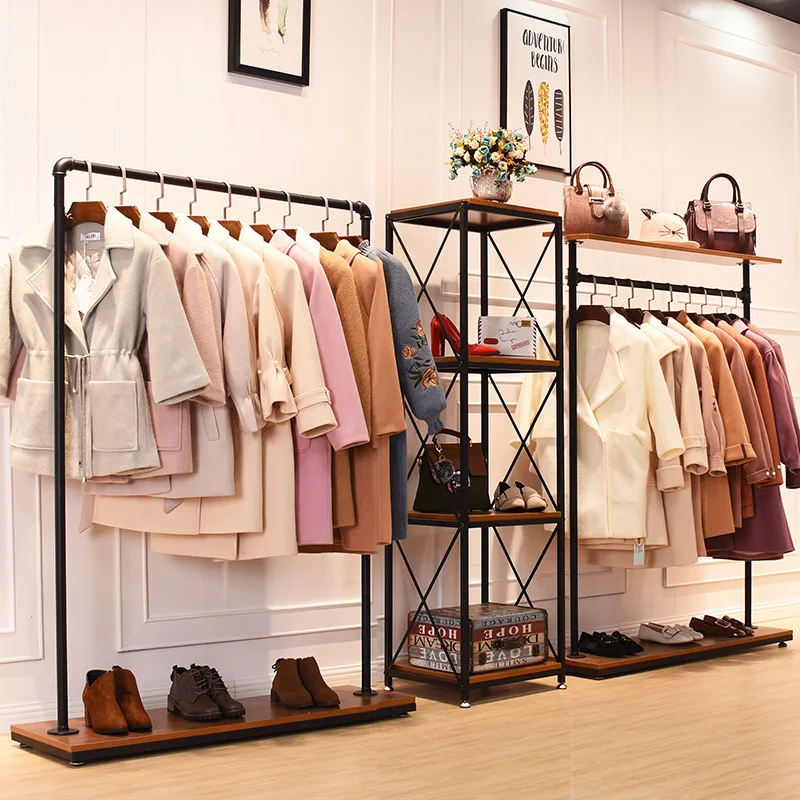 Iron Pipe Display Stand Racks For Clothing With One Wood Shelf Clothes Rack Hanger With Wheels