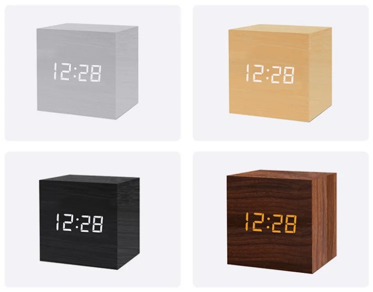 Small square wooden alarm clock living room bedside digital clock  voice-activated intelligent desktop electronic