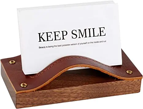 Leather Wood Business Card Holder Desktop Name Card Display Stands Wooden Card Holder Decorative