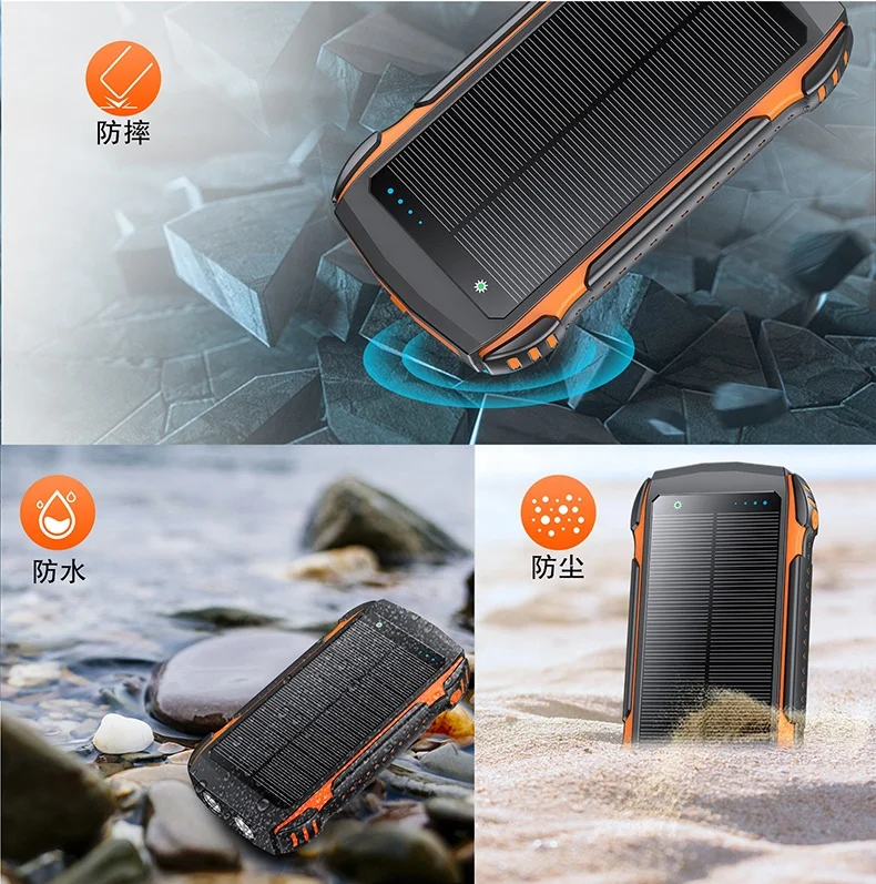 Portable  20000mAh Solar Charger Power Bank Dual  Built-in cable Led light and Compass for  and Electronic Devices