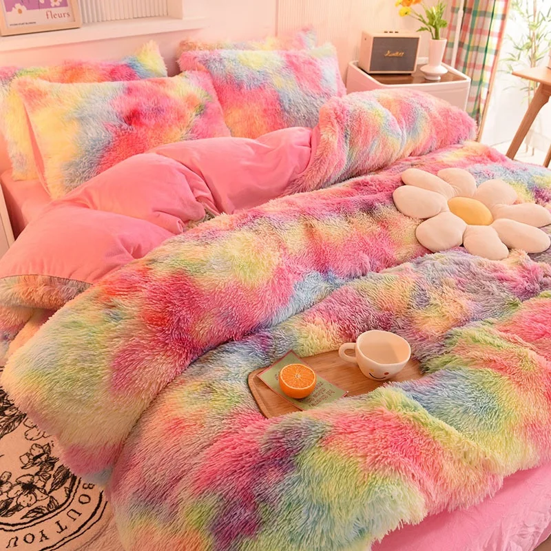 Factory Direct Sale Luxury Fluffy 4pcs Duvet Cover Sets Bedsheet Wool Crystal Velvet Bedding Set For Winter