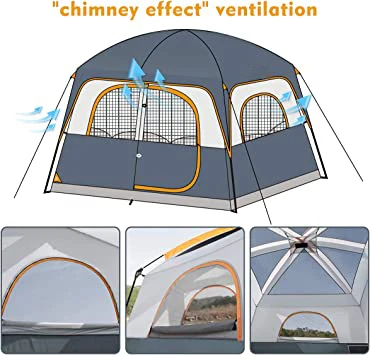 2022 6 Person Waterproof and Windproof Easy Setup, Double Layer Family Camping Tent with 1 Mesh Door and 5 Large Mesh Windows