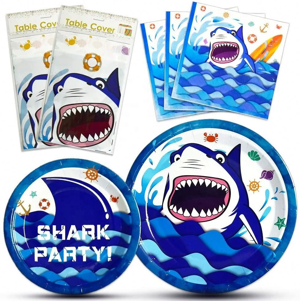 Shark Party Supplies Set - Blue Ocean Pool Party Decorations for Boys Kids Birthday Banner Signs Balloons Cutlery Bag