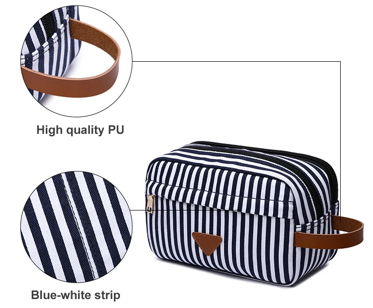 Aosheng  mens women  small blue white Striped canvas zipper travel cosmetic makeup pouch bag
