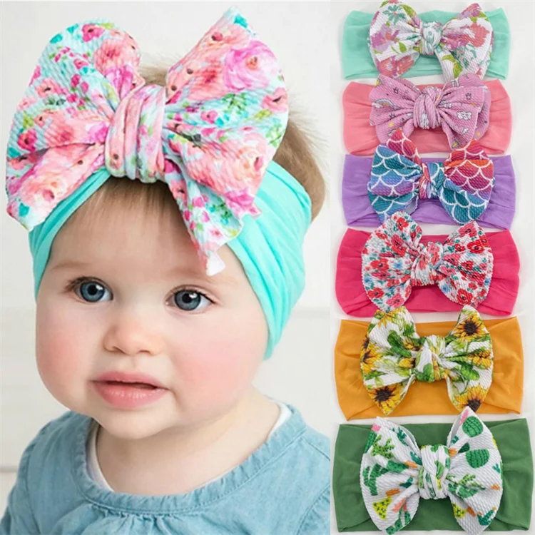 Wholesale Baby Girls Hair Accessories Stretchy Nylon Bow Turban Headband Knit Wide Nylon Headband