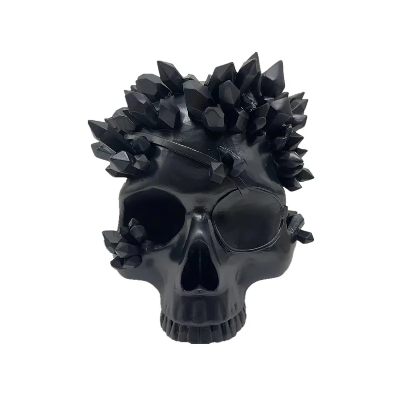 Black Spooky Halloween skull with rising crystals storage box flower pot for succulents