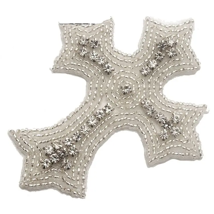 
Silver Crystal Beaded Cross Design Rhinestone Applique, Handmade Iron on Wedding Bridal Rhinestone Applique Patches 
