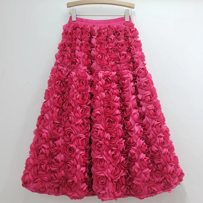 ecowalson 3D Floral  Skirt Women A-line Elastic High Waist Female Skirt Faldas Ajustadas French Chic Elegant Long Skirts