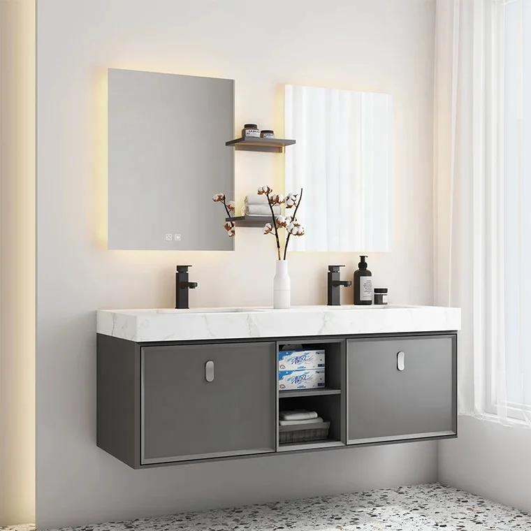 Modern Wall Hanging Hotel Marble Bathroom Double Sink Vanity Cabinets Bathroom Storage Cabinet