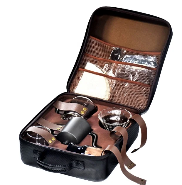 Fashion portable pour over coffee maker kit travel gift bag set with drip kettle dripper grinder filter glass server