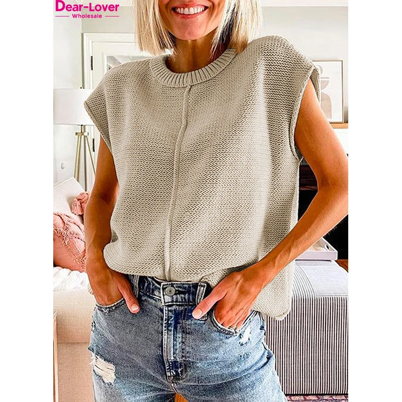 Dear-Lover Oem Odm Private Label Blank Crew Neck Cable Short Sleeve Knitted Sweater For Women