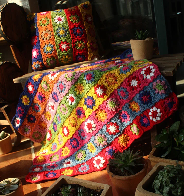 Y-F 80*60 Handmade crochet striped daisy wool coffee table cloth blanket floral leisure Vintage sofa blanket