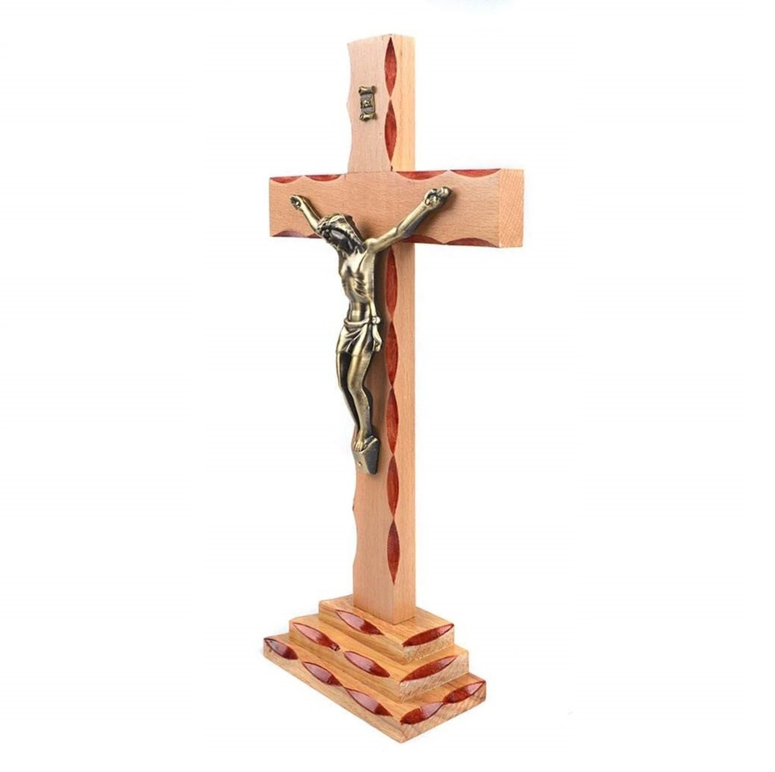 Wholesale Custom Decoration Religious Jesus Church Christian Handmade Rustic Craft Base Standing Wooden Cross