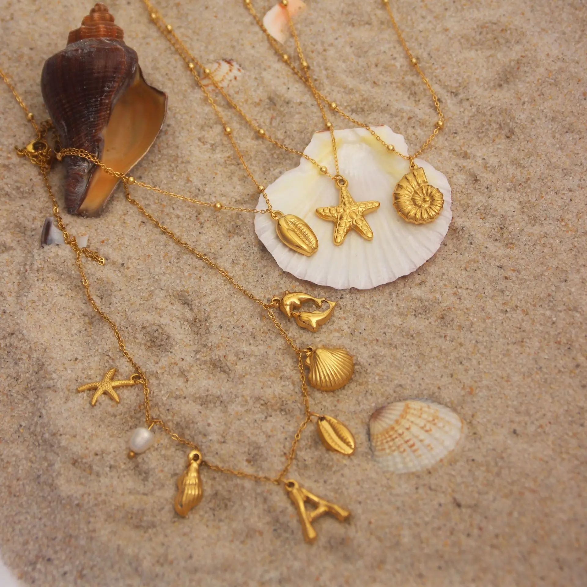 HOVANCI Ocean Series Hawaiian Shell Necklace Stainless Steel Conch Starfish DIY Letters Sea Shell Pearl Pendant Necklace