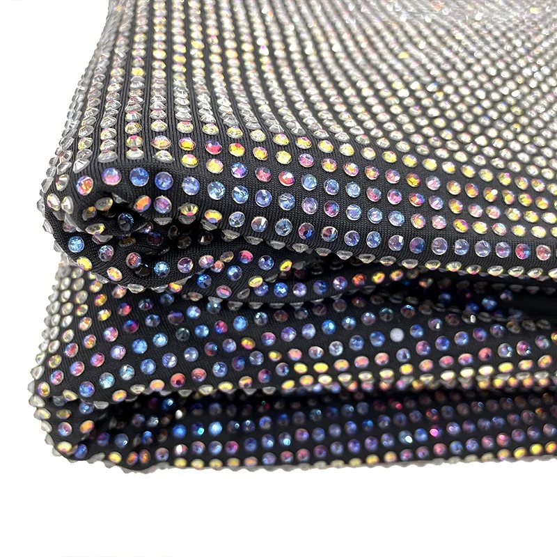 F002 elastic rhinestone fabric stretchable luxury beaded lace fabric crystal tulle fabric