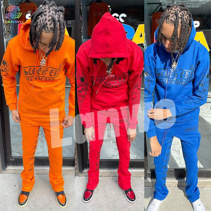 Fitted Streetwear Tracksuits For Men Custom Printing Private Label  Stacked Flared Sweatpants And Hoodie Set Men Tracksuits