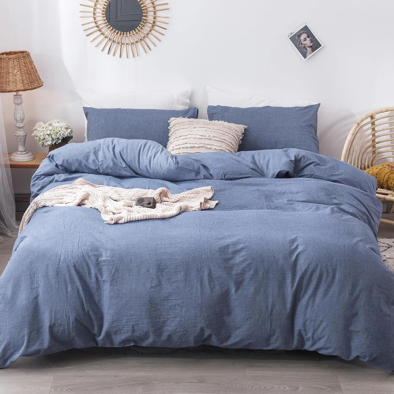100% Washed Cotton Linen Like Textured Breathable Durable Soft Comfortable Bedding Duvet Cover Set For All Season