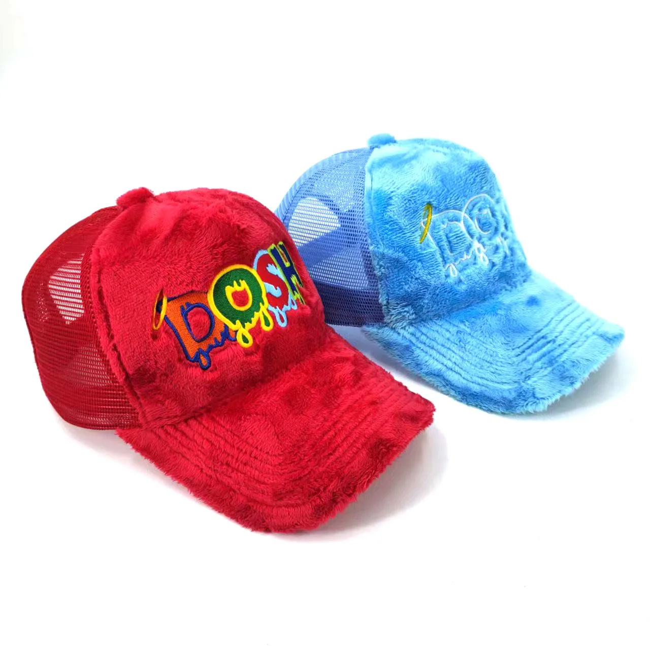 Fluffy Velvet Fuzzy Trucker Caps High Quality Custom Fur Velvet 3D Embroidery Logos Personalized 5-Panel Mesh Trucker Caps