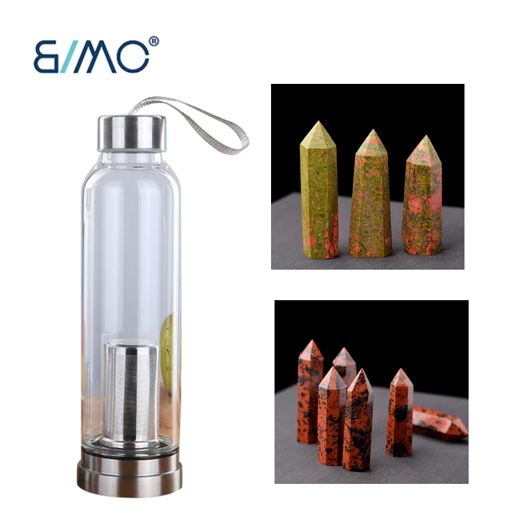 Natural Clear Quartz Crystal Gem Water Bottle For Kids And Adult Healing Obelisk Wand Elixir Crystal Infused Glass Water Bottle