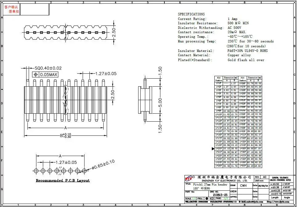 16p Pin Header connector 1.27mm pitch single row double plastic straight type connectors for PCB