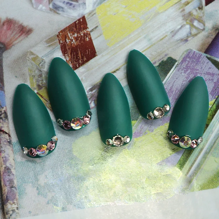 NEWAIR 24pcs/box pre-designed nails tip 3D matte green stiletto full cover nail tip artificial false finger ABS