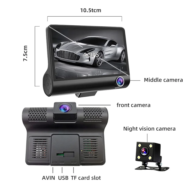 1080P петля запись парковки сенсор DVR Передняя внутренняя Автомобильная камера монитор безопасности пассажиров 4 дюйма 3 объектива