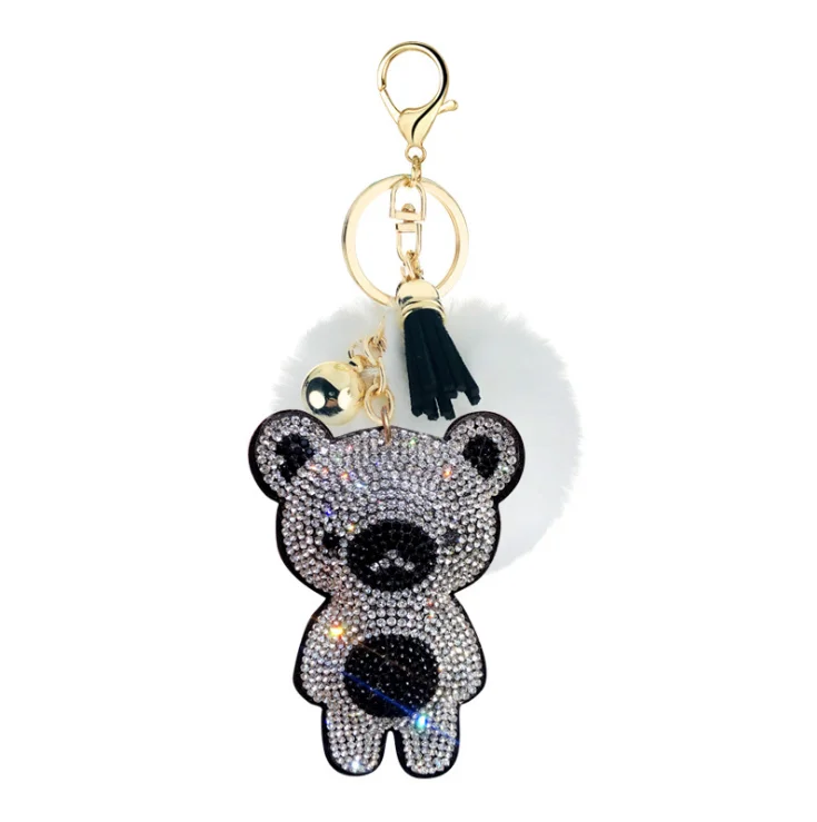 High Quality Leather Strap Car Key Chain Strass Rhinestone Bling Teddy Bear Keychain For Bag