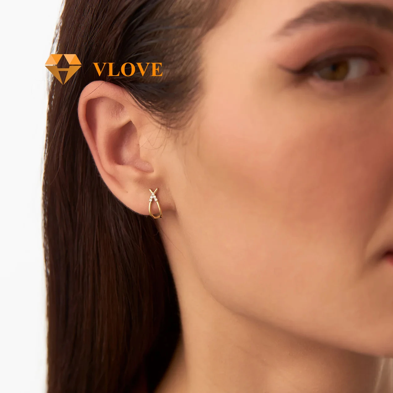 VLOVE Charm Jewelry Diamond Earrings 14k CrissCross Half Hoop Diamond Stud