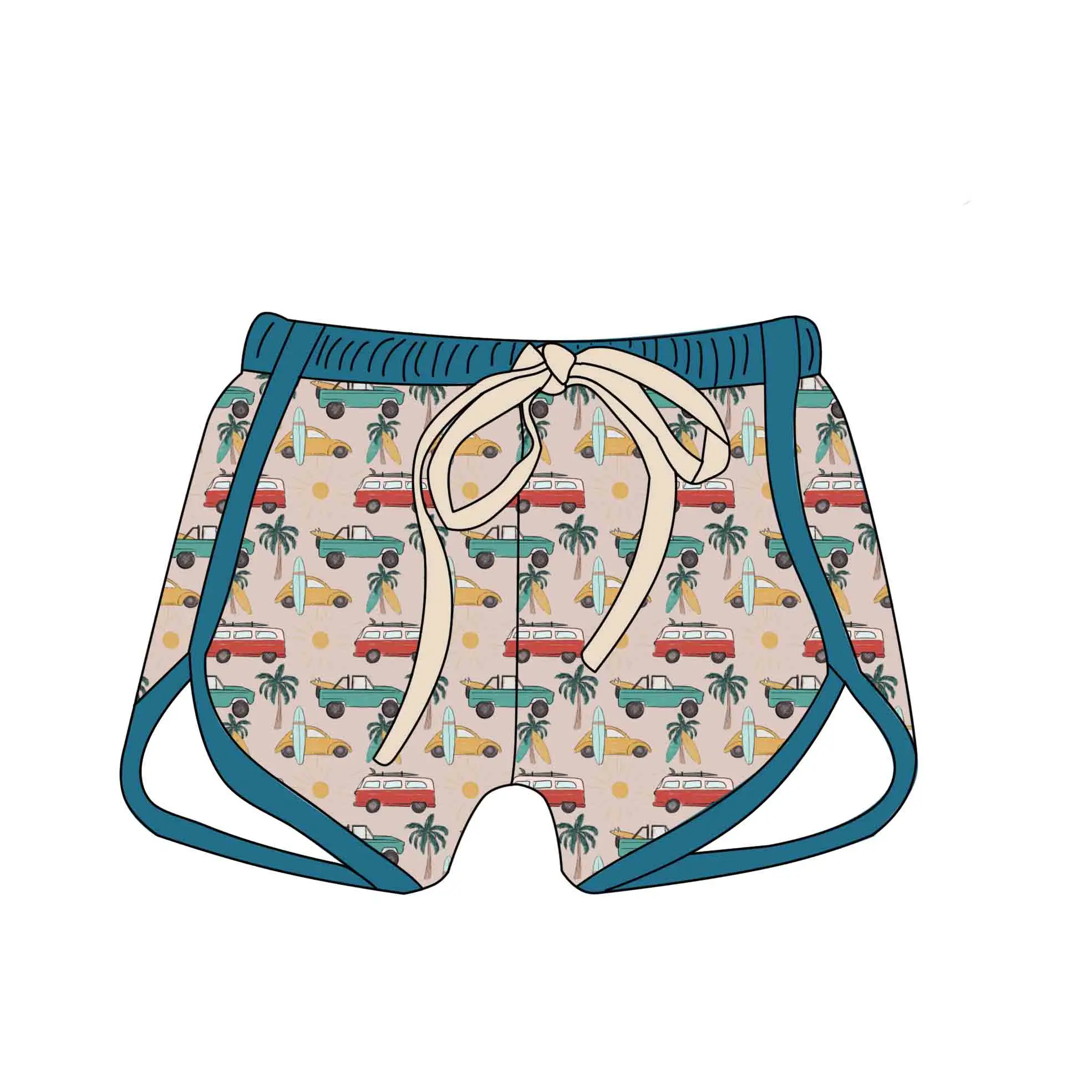 Qingli Custom girls swimwear short Beach Kids swimsuit High waisted belt shorts Cartoon print designer swim shorts for kids