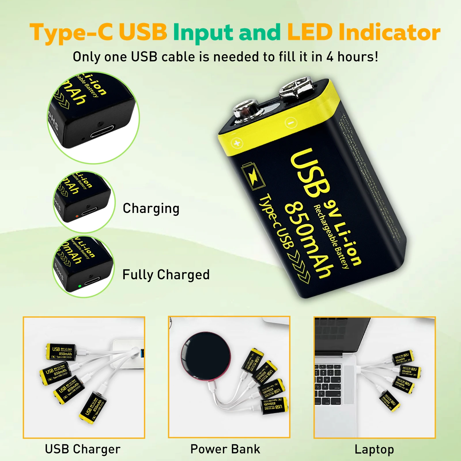 Suitable for gas cooker microphone, 9V 850mWh supports tpyc-c USB charging Rechargeable lithium battery