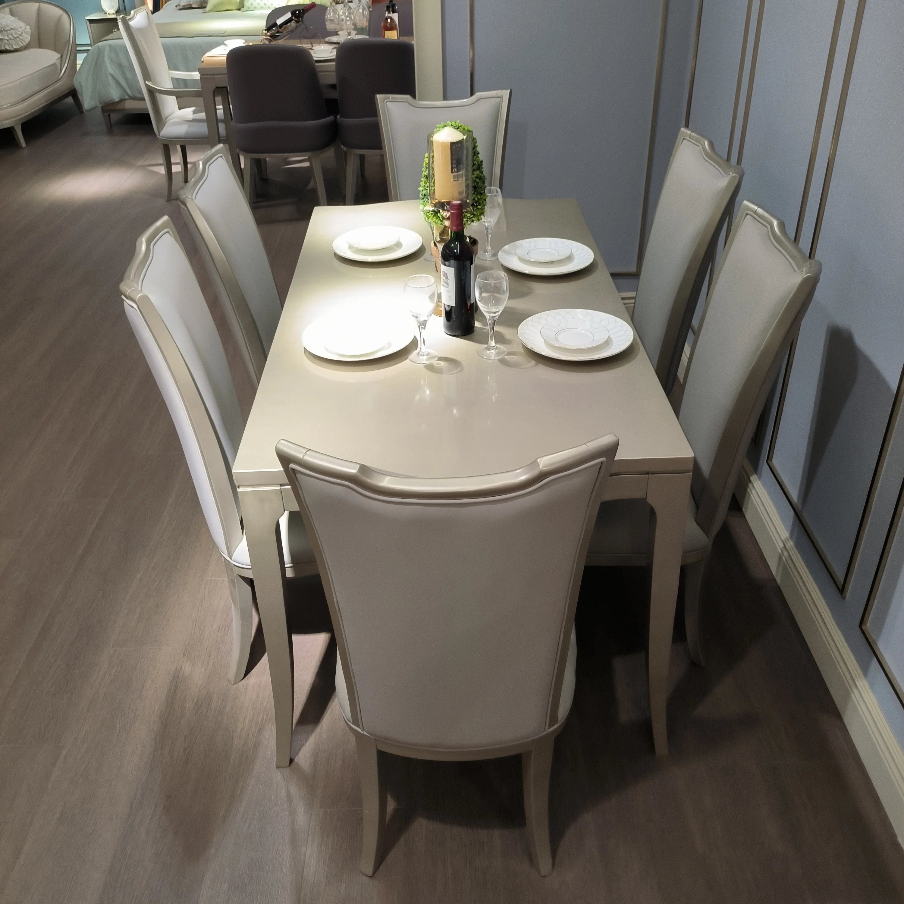 European style solid wood frame dining table set furniture luxury modern royal birch beech dining table set with dining chairs