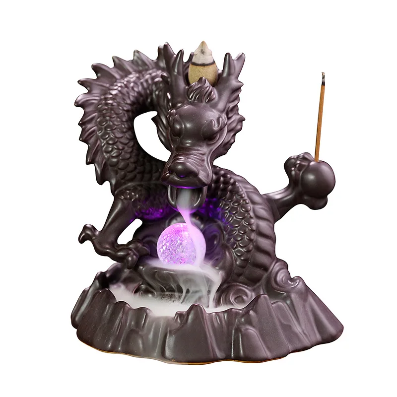 
7-Color LED Lights Changing Incense Burner Ceramic Dragon Backflow Incense Burner Creative Smoke Waterfall Incense Holder Censer 