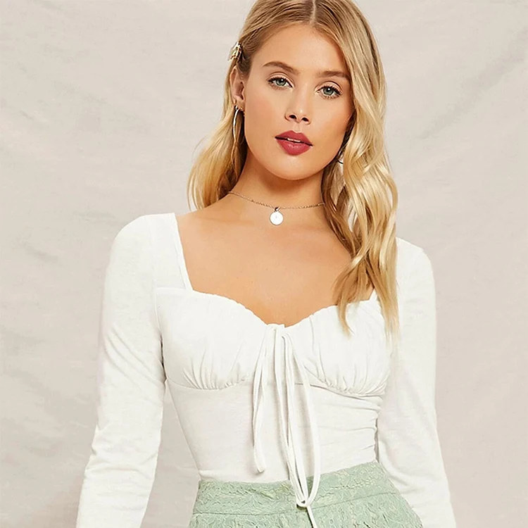 
China manufacturer supply 2020 fashionable slub knit self-tie long sleeve top women sexy crop top 