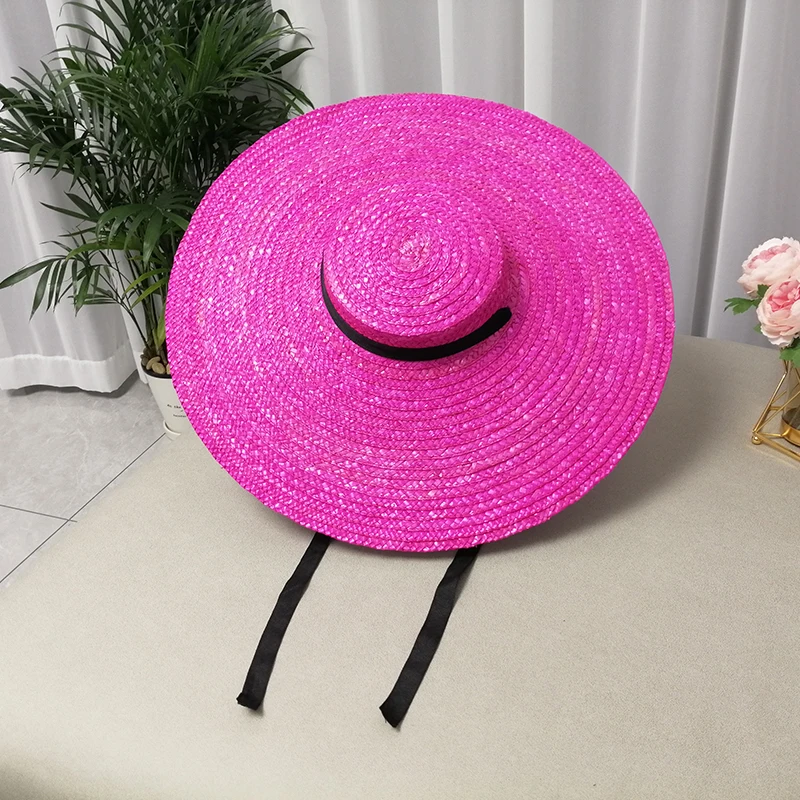 European and American style Hand-woven flat-top Wheat straw hat large brim fashionable shallow beach hat