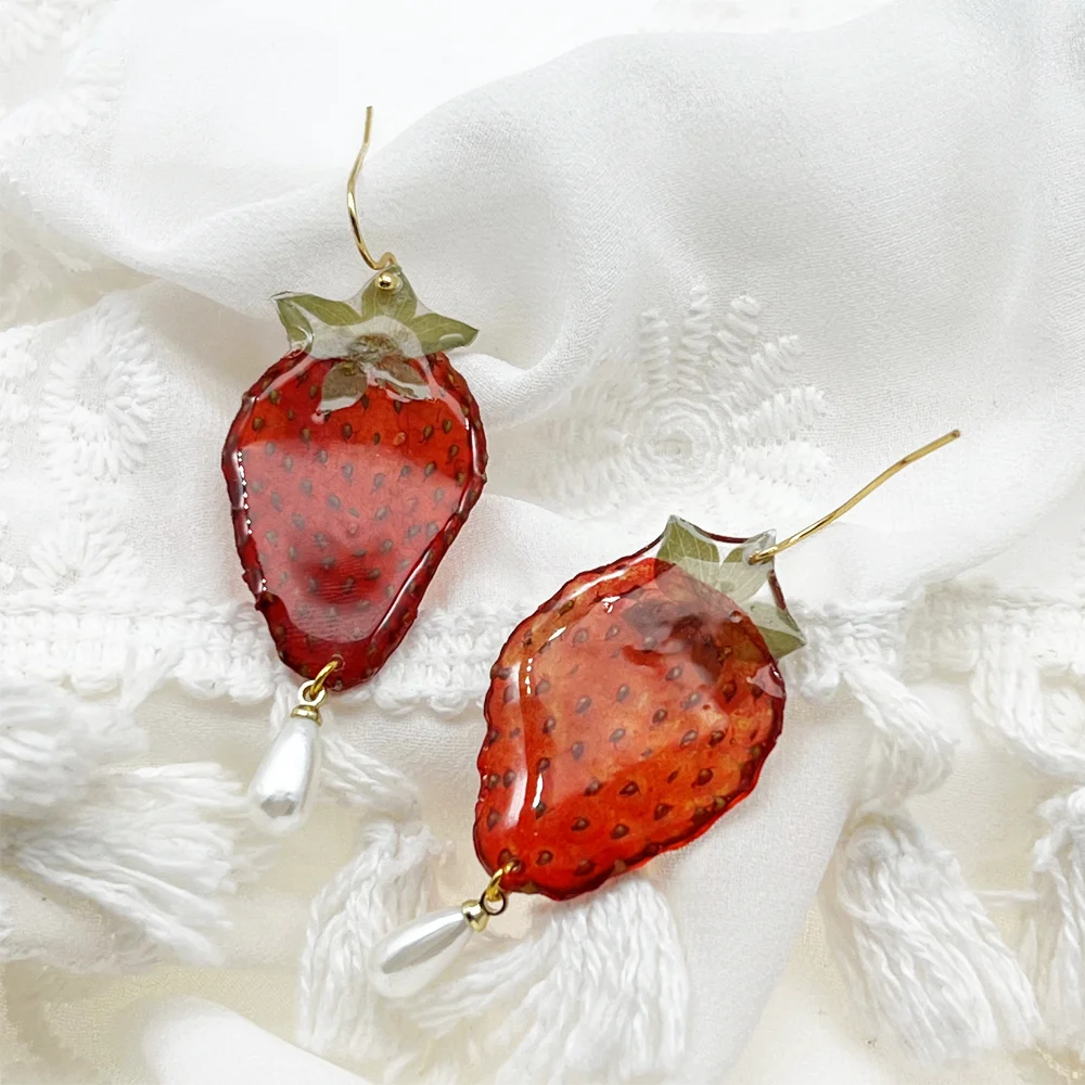 bohemian women fine jewelry 18k gold stainless steel handmade strawberry and pearl drop earrings lovely jewelry