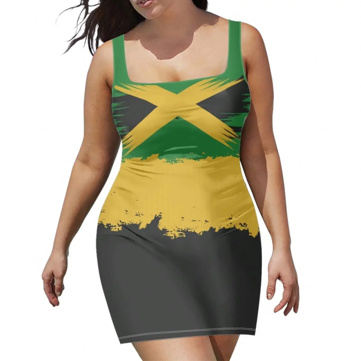Wholesale Summer Female Dresses Women Casual Dress Sexy Bodycon Pencil Sleeveless Tank Tops Mini Ladies Dress Jamaica Flag Print