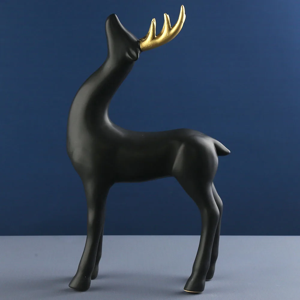 12 inch Matte Black and Golden Antler Christmas Decor Ceramic Deer Decoration