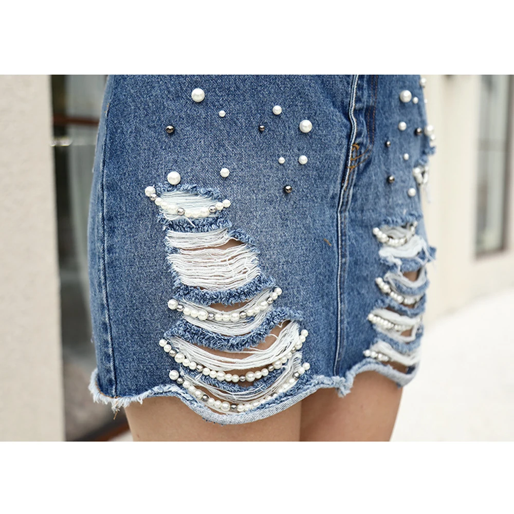 Женская короткая джинсовая юбка с высокой талией и жемчужным синим принтом