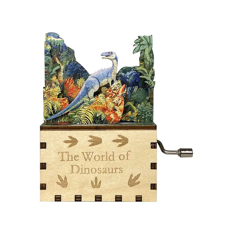 Dinosaur World Hand Crank Music Box 3d Jigsaw Puzzles DIY Toy for Kids Mini Wooden Music Box Creative Gift