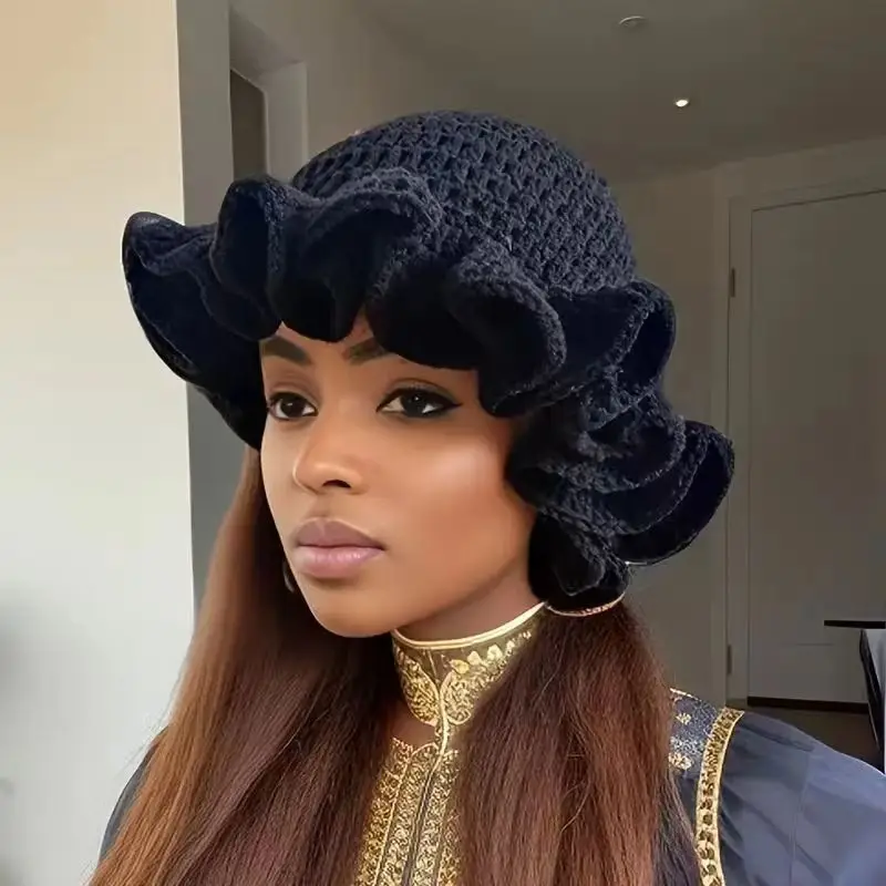 Wholesale Women Winter Flower Ruffled Crochet Hat Handmade Bucket Hat Crochet Knitted Hat For Women