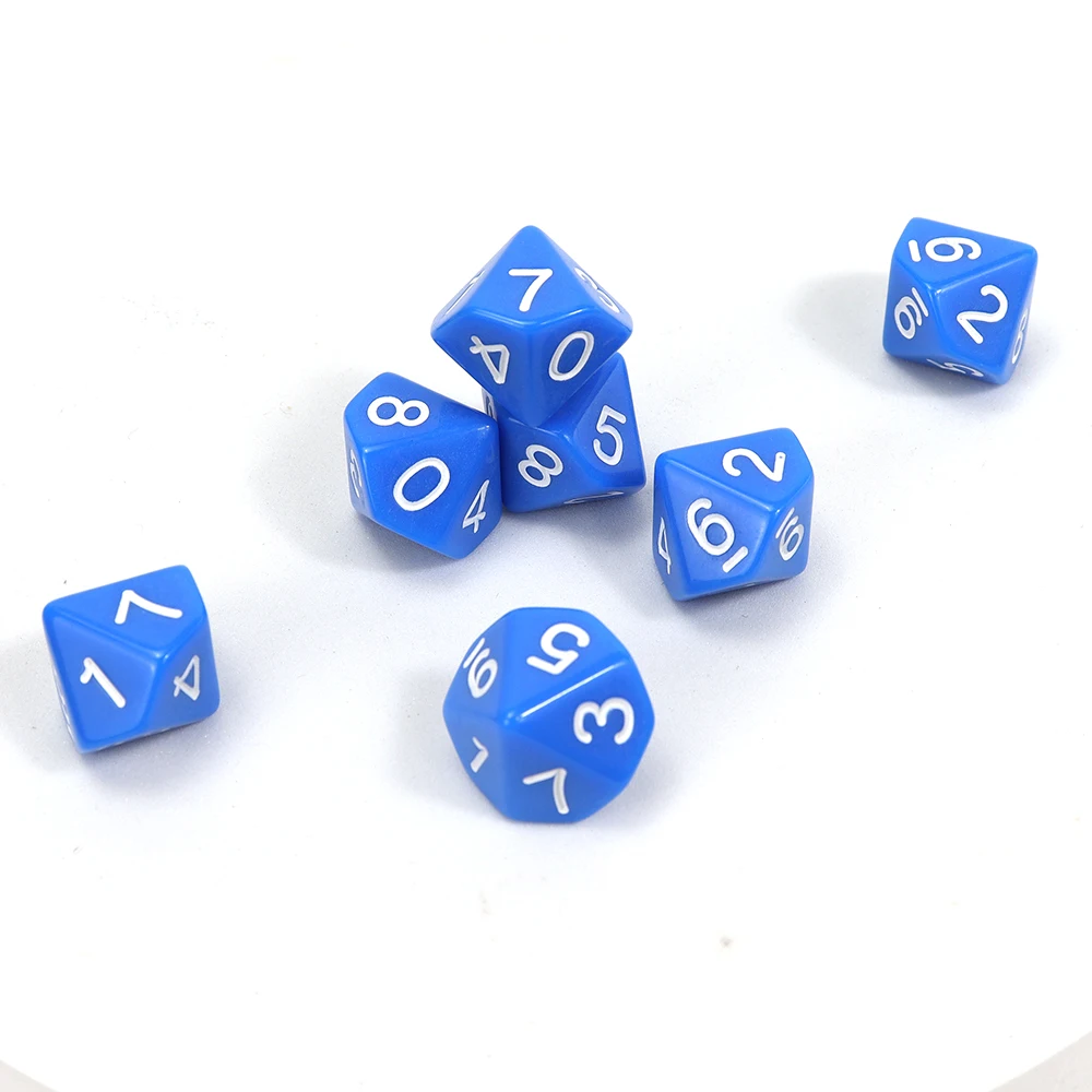 Factory supply d10 polyhedral bright blue dice white number 1 to 10 bulk eco friendly acrylic custom color for casino board game