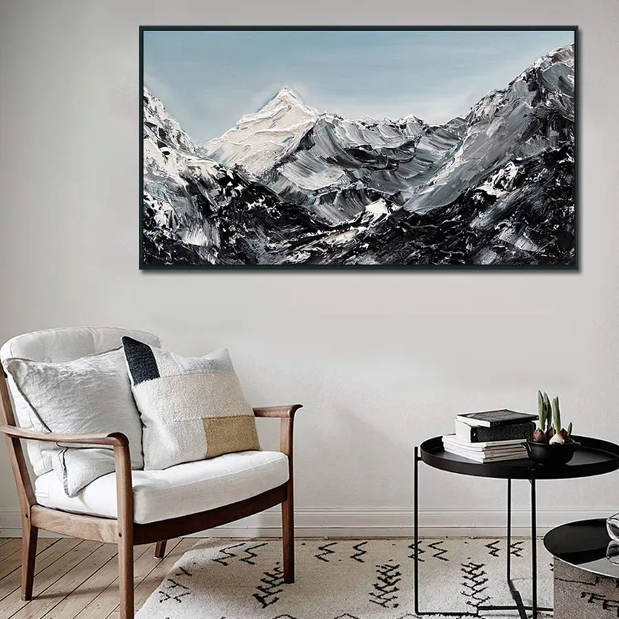 Original Art Large Mountain Landscape Painting Oil on Canvas with Black and White Palette Knife on Black Frame Artwork