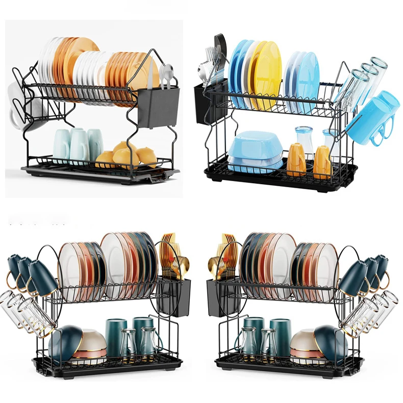 wire rack powder coated iron two layer 2 tier storage holder dish drying racks drainer with cup holder for dishes
